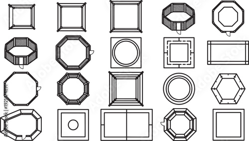 Geometric forms, a variety of simple structures are arranged on a clean backdrop, and a minimalist aesthetic is created.