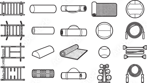 A collection of simple vector illustrations of fitness equipment.