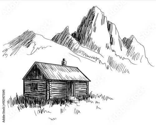 Rustic hand-drawn cabin nestled in mountain landscape