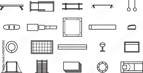 Simplified illustrations of various gym equipment, rendered in a minimalist style, perfect for illustrating fitness concepts. 