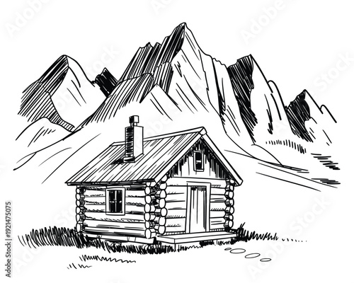 Cozy hand-drawn cabin nestled in mountain landscape - rustic sketch style