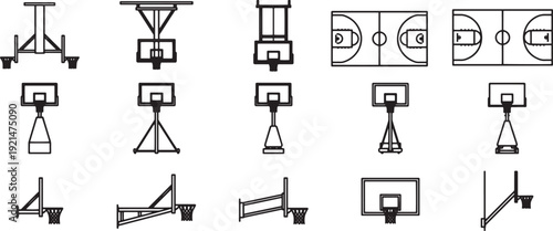 A collection of detailed basketball hoop designs showcased in clean, modern, and simple lines, perfect for architectural or sports-related projects.