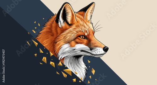 Vector illustration of a fox head with abstract orange sparks on a split color background
