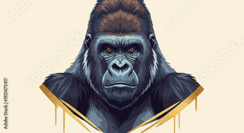Vector illustration of a gorilla head with gold accents on a beige background