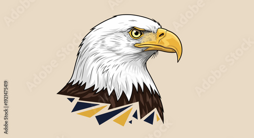 Vector bald eagle head with geometric pattern feathers isolated on beige background