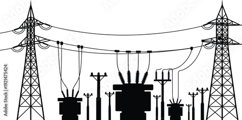 High Voltage Power Transmission Towers and Electrical Substation Silhouette, Energy Infrastructure with Transformers and Power Lines Isolated on White Background Industrial Concept