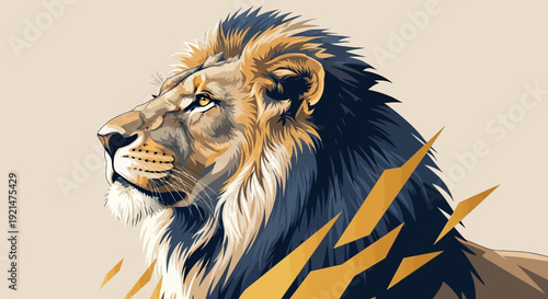 Vector illustration of a lion's head with abstract orange lightning bolts, isolated on beige background