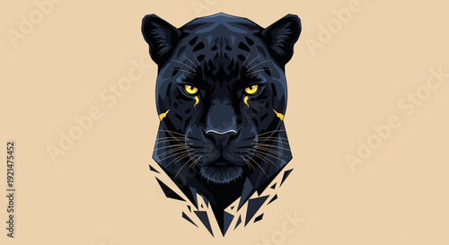 Black panther head vector illustration with yellow eyes on beige background