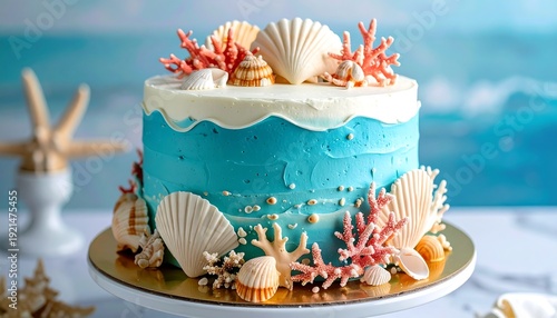 A layered cake decorated with seashells and coral in blue hues, evoking a seaside theme for celebrations