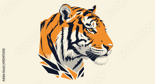 Vector illustration of a tiger head in orange, black, and white colors, isolated on transparent background