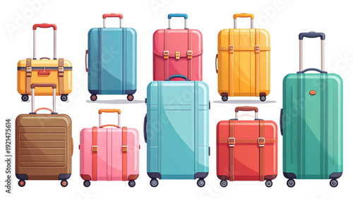 Colorful Travel Suitcase Collection with Rolling Luggage and Carry On Bags Flat Vector Set for Vacation and Tourism Design