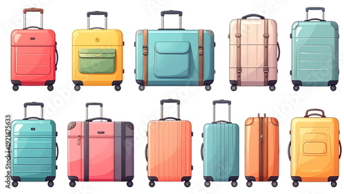 Colorful Travel Suitcase Collection with Rolling Luggage and Carry On Bags Flat Vector Set for Vacation and Tourism Design