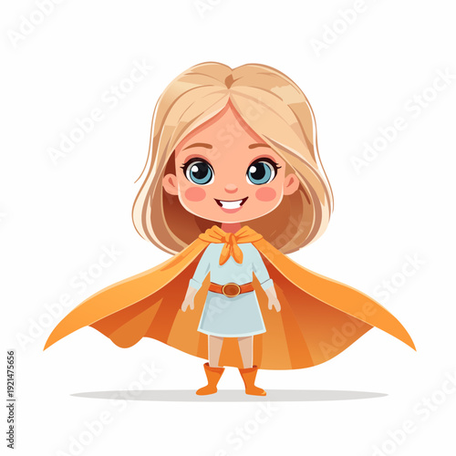 Adorable cartoon girl with blonde hair and a flowing orange cape.