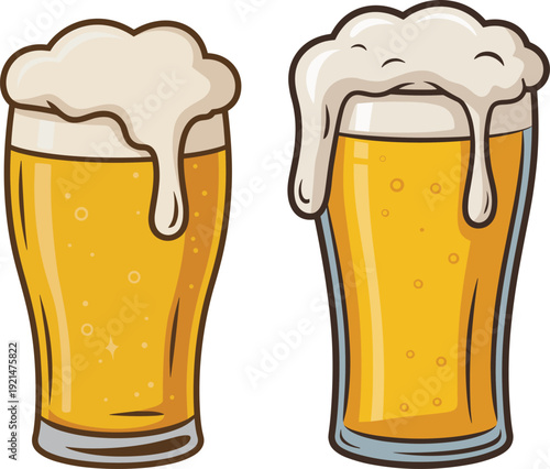 Cartoon Beer Glasses with Frothy Foam Illustration. Cold Draft Beer Pints Vector Graphic Design.