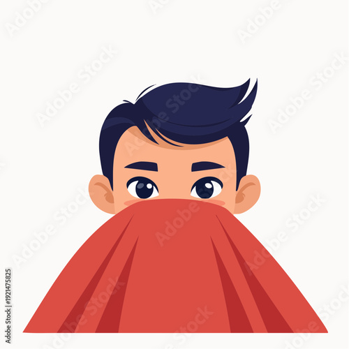 Young boy peeking over a red blanket with wide eyes.