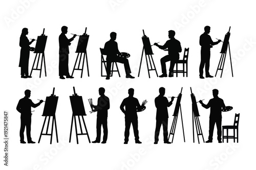 Artists painting on easels in various poses

