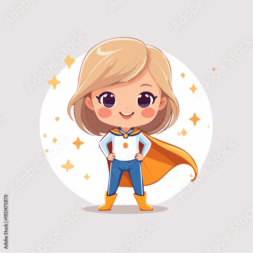 Cute blonde superhero girl in a vibrant cape standing confidently.