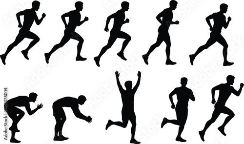 Male Runner Silhouette Set with Sprinting, Starting and Victory Poses, Dynamic Athletic Training and Race Action Collection Isolated on White Background