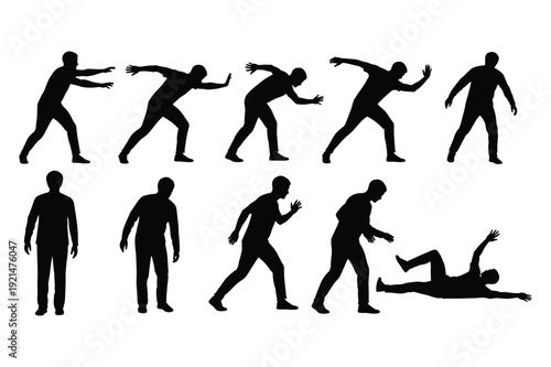 Collection of dynamic human silhouettes in various poses and movements
