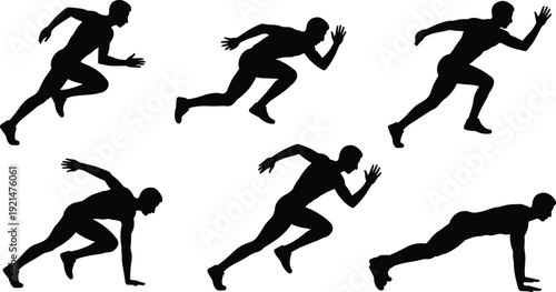 Male Sprinter Silhouette Set in Dynamic Running and Start Positions, Athletic Speed Training Poses Isolated on White Background Fitness Concept