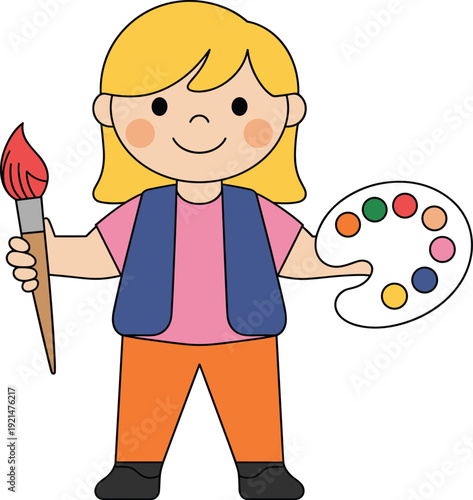 Cute Cartoon Vector Illustration of a Young Girl Artist Holding a Paintbrush and Palette Isolated on White Background for Children Education and Art Class
