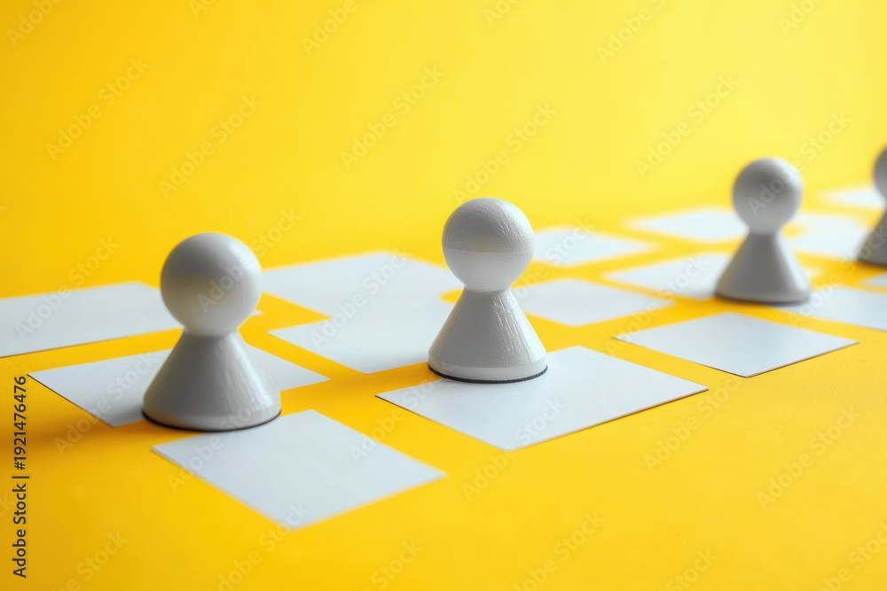 Obraz premium white pawn tokens on white square cards arranged on a bright yellow background suggesting organization, connection and optimistic teamwork