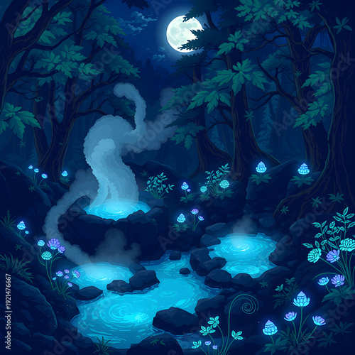Pixel art magical nighttime hot springs in forest