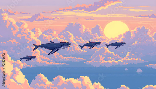 Pixel art fantasy sky whale migration at sunset