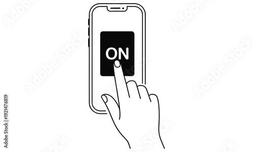 Hand pressing on button with on text on smartphone screen in vector graphic illustration depicting mobile device interaction