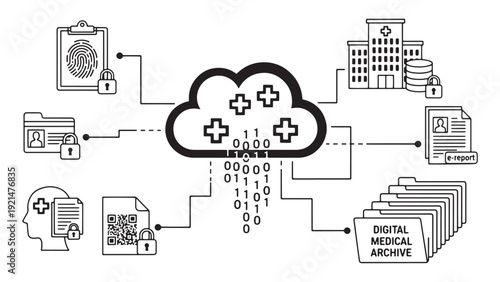 Cloud healthcare integration icons for medical data analytics interoperability and secure health information exchange vector set