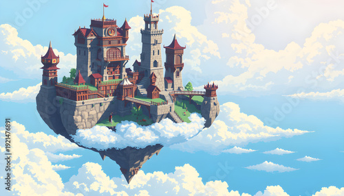 Pixel art fantasy sky library on cloud island