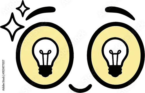 Creative cartoon eyes with light bulb pupils vector. Inspiring icon for bright ideas, innovation, genius moments, and creativity. Isolated facial expression for educational and branding design