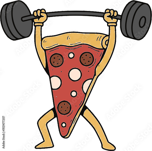 Funny weightlifting pizza slice mascot vector. Pepperoni pizza character doing overhead press with barbell for gym branding, fitness motivation, cheat day social media, and humorous apparel