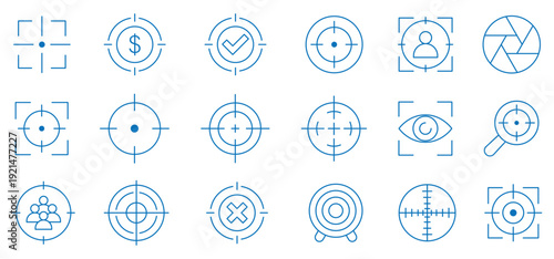 Focus line icon set in sky blue. Collection of crosshair and target icons. Target icon with arrow in center symbolizing goal, focus and accuracy.