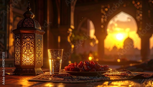 Serene Iftar Table with Dates, Water, and Ramadan Lantern in Warm Evening Light