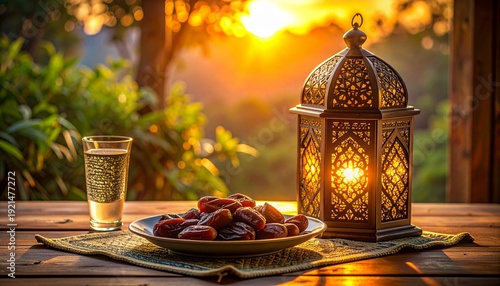 Serene Iftar Table with Dates, Water, and Ramadan Lantern in Warm Evening Light