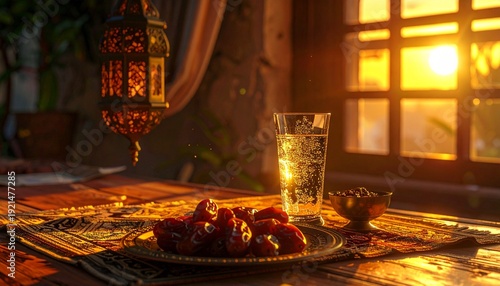 Serene Iftar Table with Dates, Water, and Ramadan Lantern in Warm Evening Light