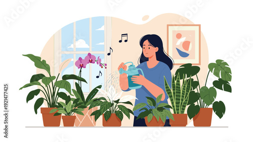 Young woman happily watering her many indoor house plants with a blue watering can while humming a tune in her living room.