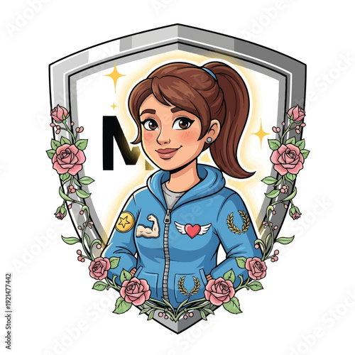 Female cartoon character in blue jacket with shield and floral wreath
