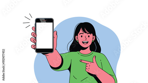 Smiling young woman in a green shirt shows a smartphone with a blank white screen and points at it for a new mobile app advertisement.
