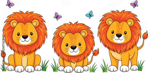 Cute Lion Cub Vector Illustration Set with Sitting and Standing Poses on Green Grass with Butterflies Isolated on White Background