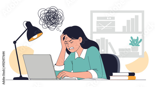 Stressed young woman working at her laptop with a tangled scribble in a thought bubble above her head signifying severe mental burnout.