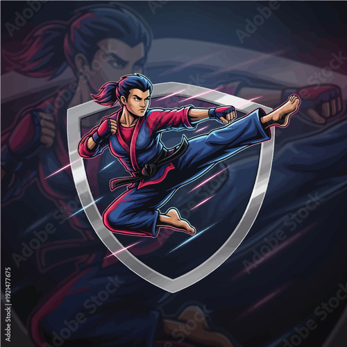 Female martial artist performing high kick with shield emblem behind