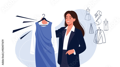 Stylish woman in a professional blazer holds up a blue dress on a hanger while considering her wardrobe options for a new outfit design.