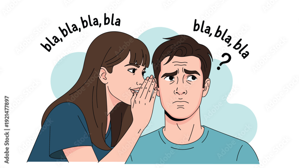 Fototapeta premium Young woman whispers secret gossip into a man's ear while he looks surprised and confused with a large question mark above his head.