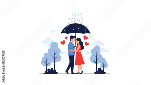 Romantic young couple stands close together sharing a black umbrella in the rain surrounded by red hearts and a calm park landscape.