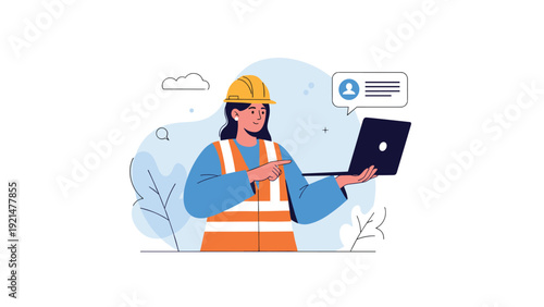 Professional female construction engineer wearing a yellow safety helmet and orange vest points to a laptop screen to review project details.