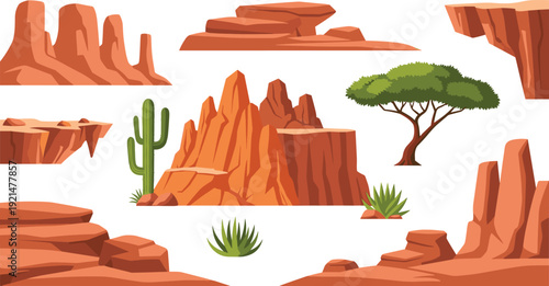 Desert Landscape Vector Illustration Set with Red Rock Canyons Mountains Acacia Tree and Green Cactus Isolated on White Background