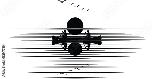 Canoe silhouette at sunset with paddlers on calm lake, birds flying reflection scene isolated on white background