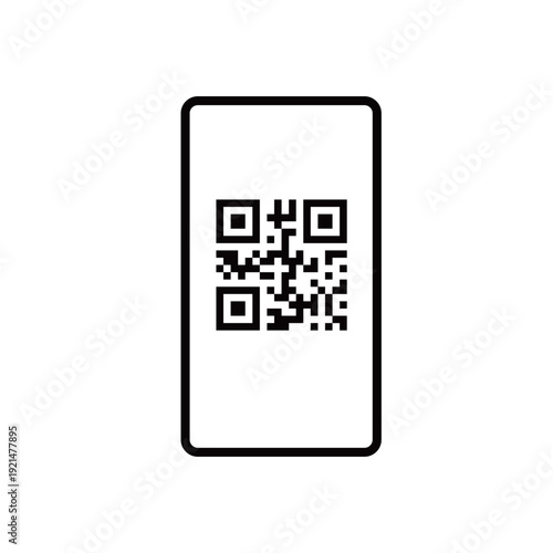 線画イラスト | スマートフォンの画面に大きく表示されたQRコードのアイコン | キャッシュレス決済やアプリ認証のイメージ